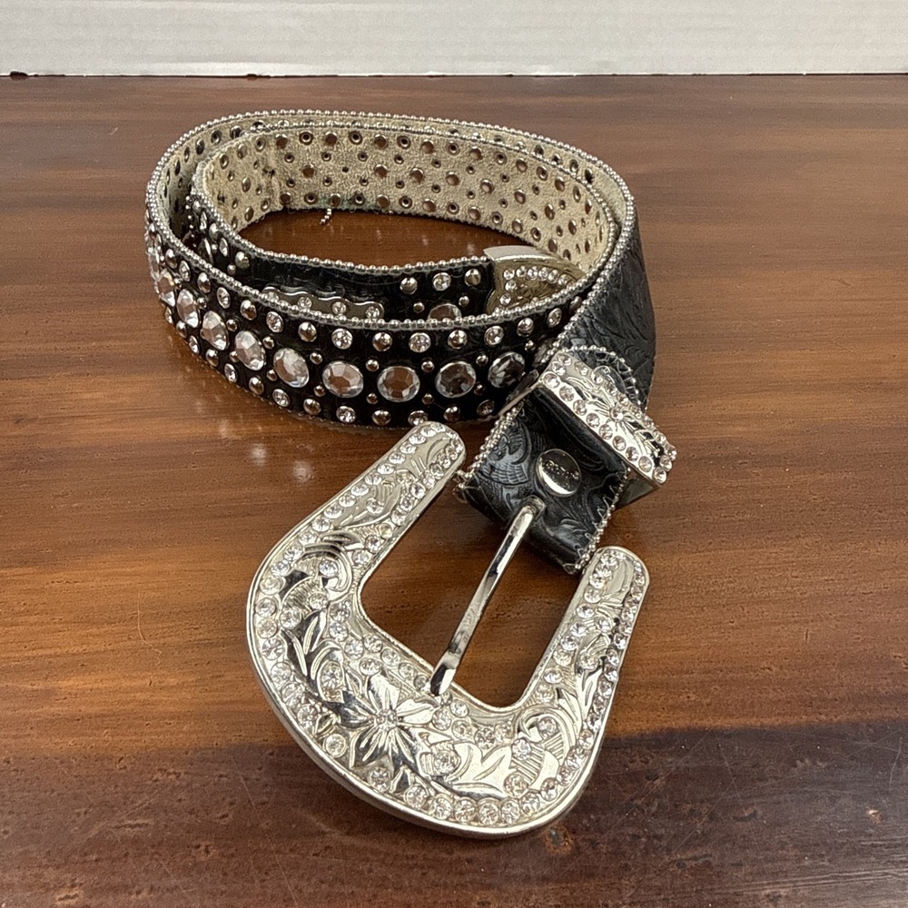 Vintage Y2K Studded Rhinestone Black‎ Leather Western Belt Sz M
